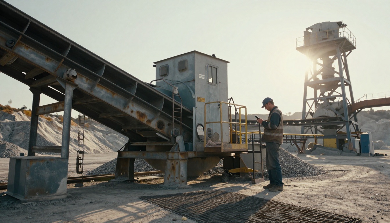 Maintenance worker with a phone on a crusher platform