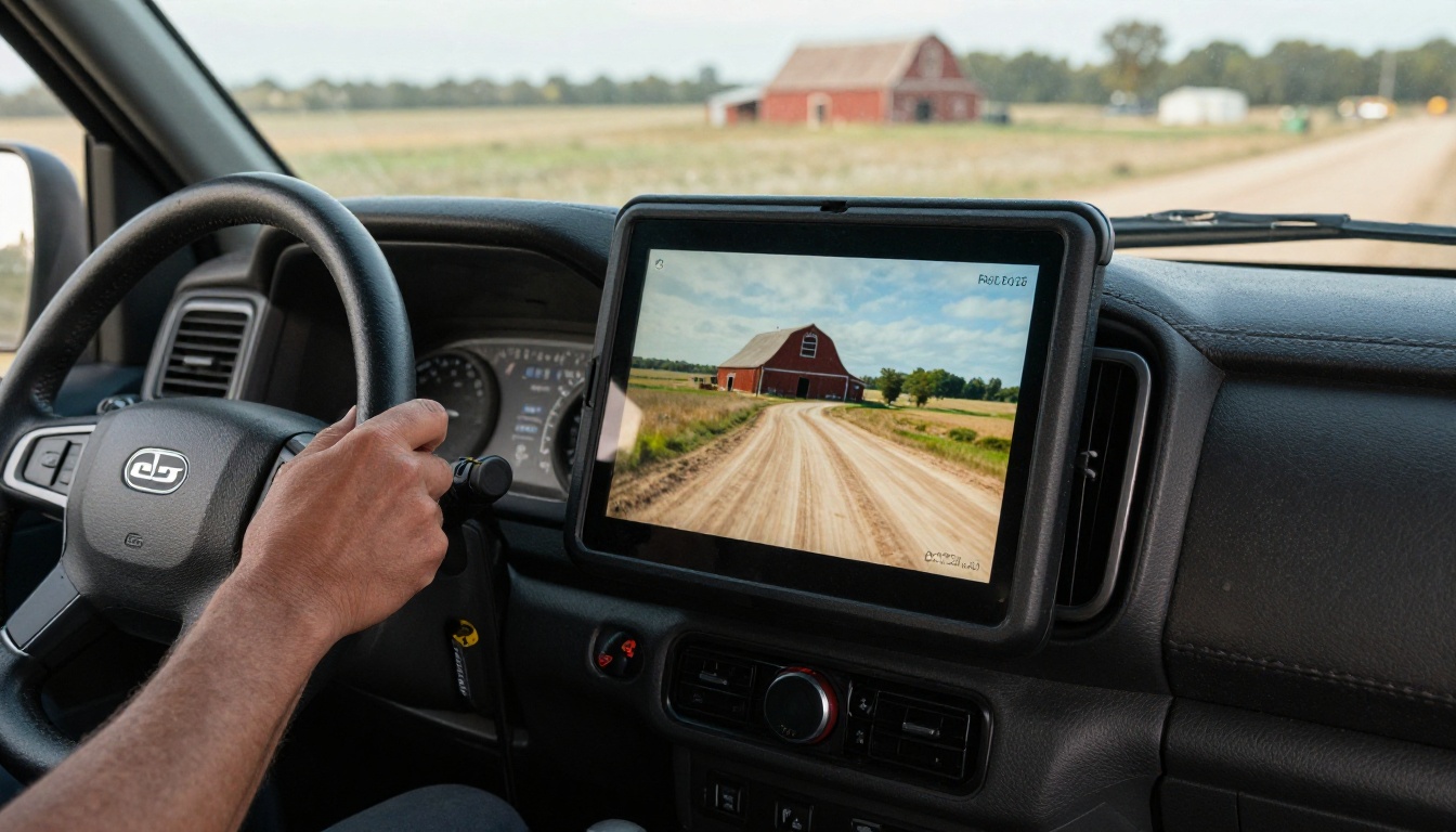 Pickup truck cab with a tablet mounted on the dashboard showing a manual page