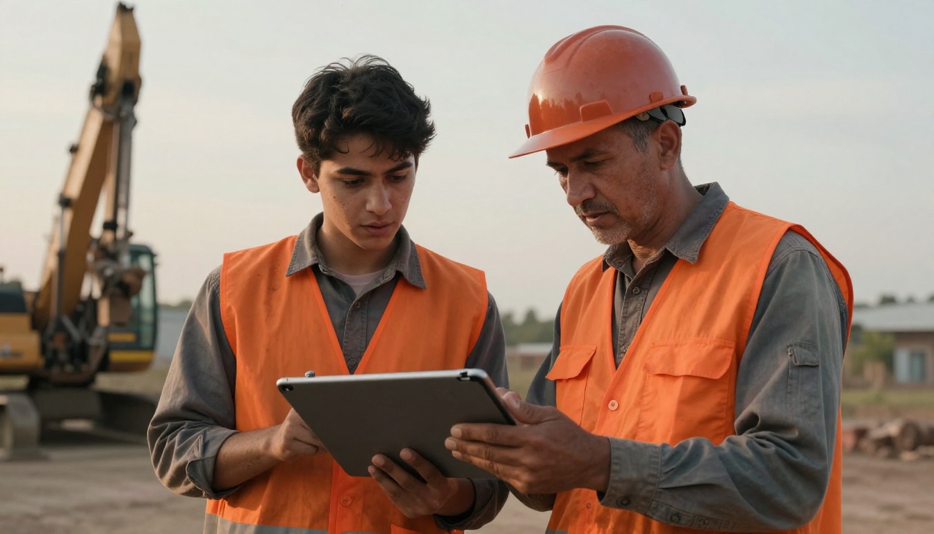 Apprentice and foreman reviewing a tablet training manual
