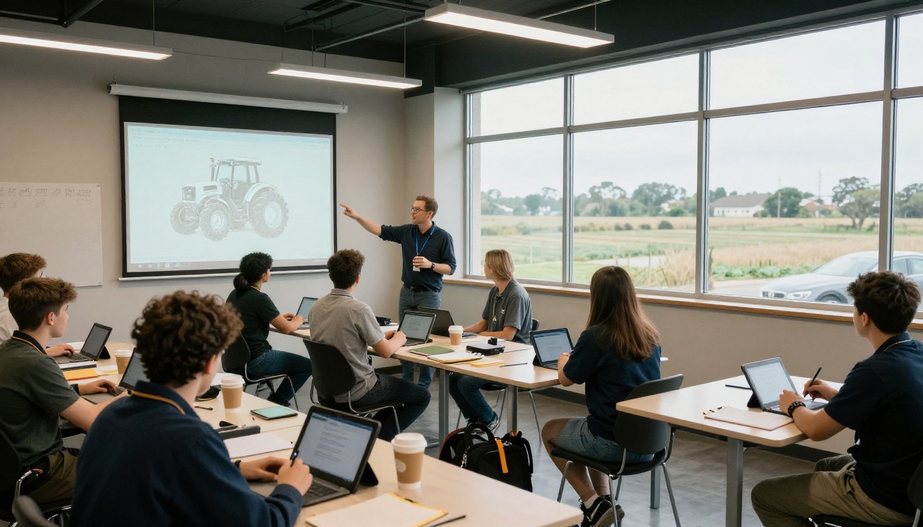 Apprentice technicians at tables with tablets while a presenter points to a tractor schematic