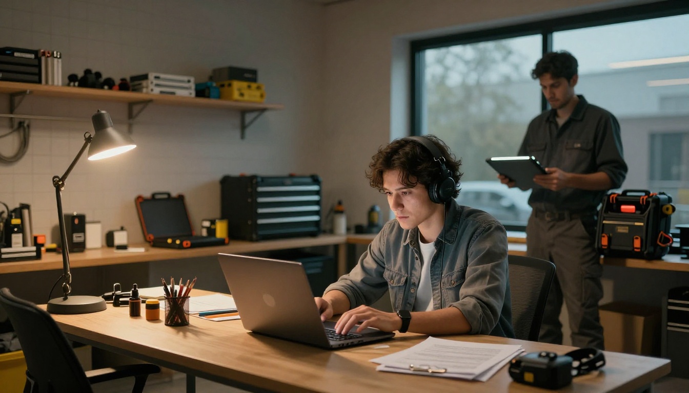 Office worker uploading manuals while a mechanic loads a tablet