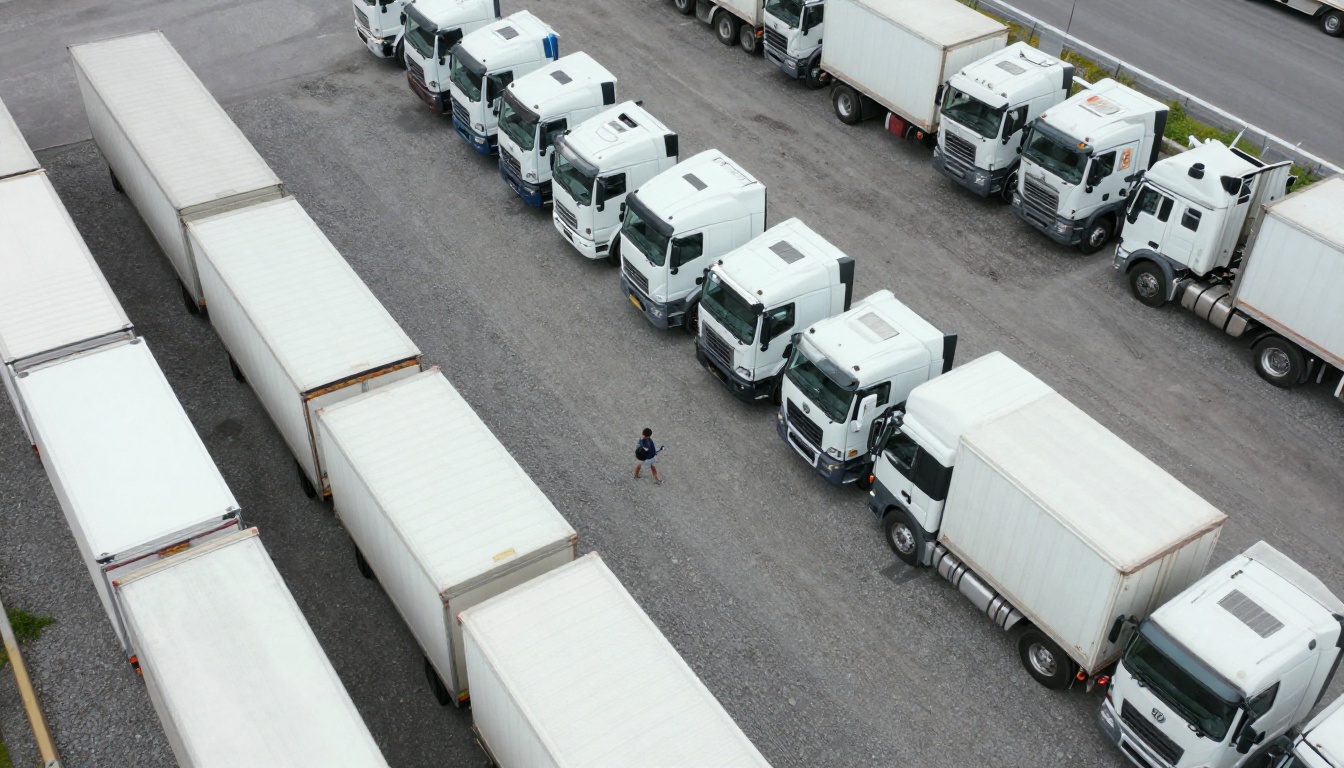 Aerial view of a large fleet yard with rows of trucks
