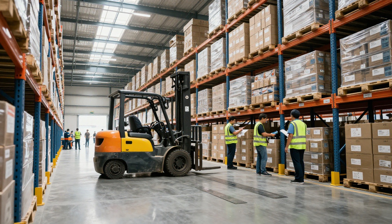 Wide interior of a modern distribution warehouse Wide interior of a modern distribution warehouse