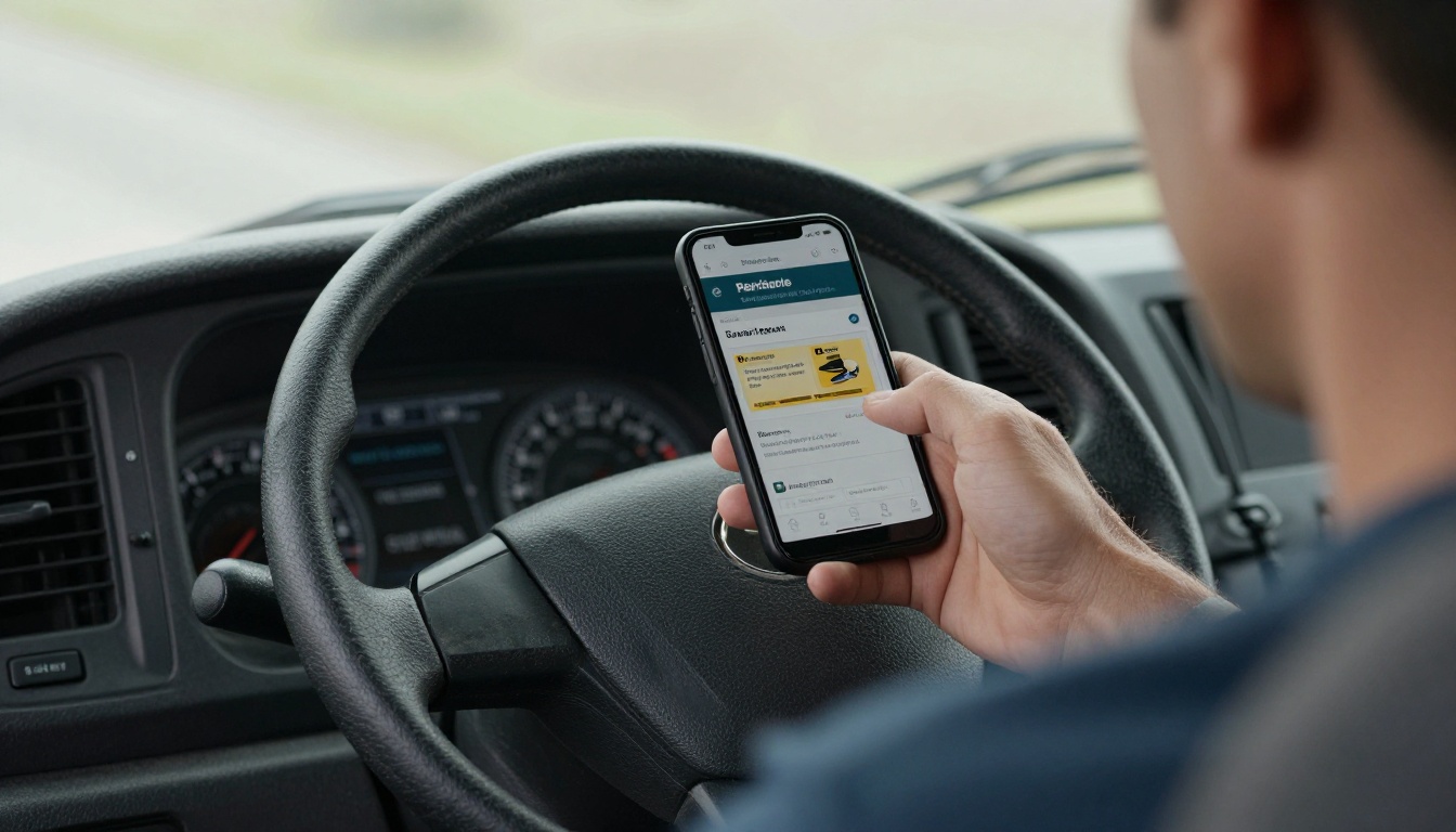 Driver reading a handbook page on a smartphone inside a truck cab