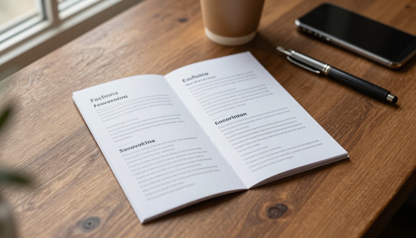 Printed brochure on a desk beside coffee