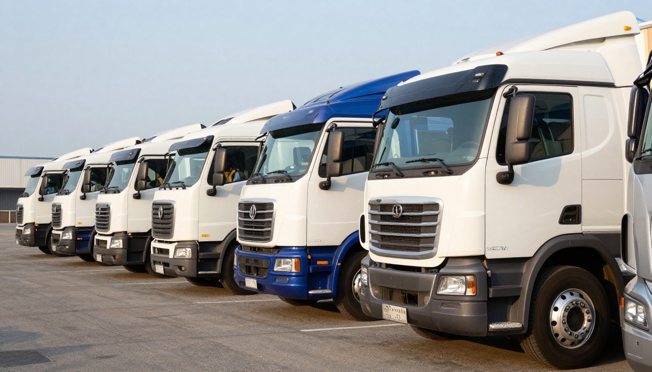 A fleet of white and blue semi trucks parked at a depot A fleet of white and blue semi trucks parked at a depot