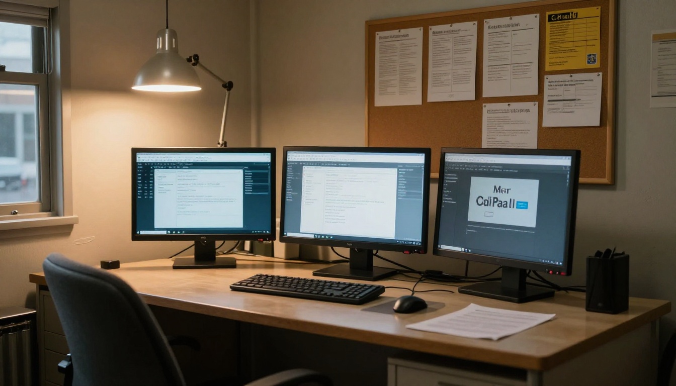 Dispatcher at a desk with monitors in a trucking office
