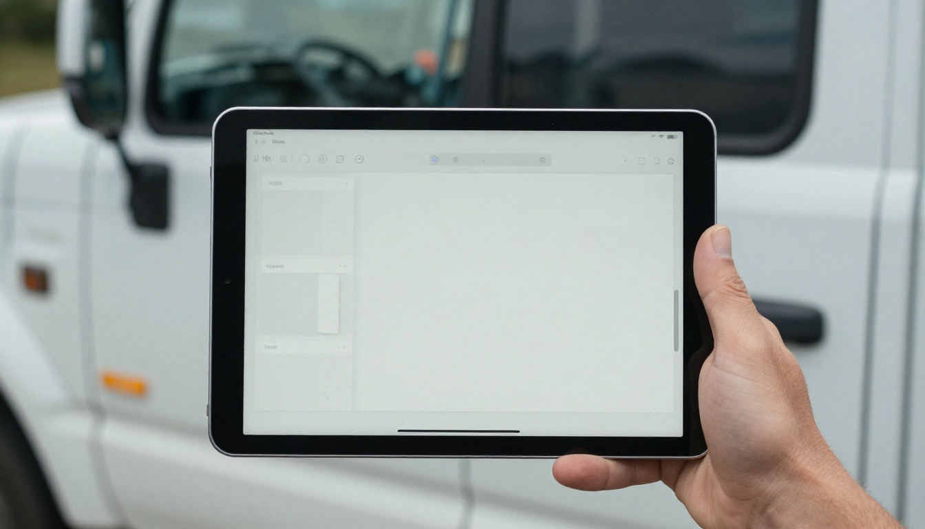 Tablet held against a truck fender at a loading dock