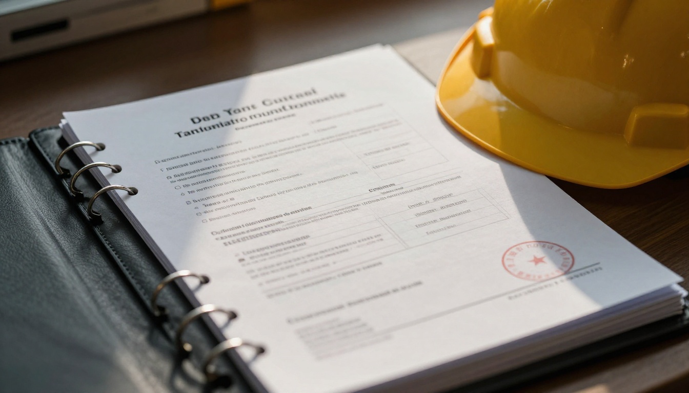 Stamped compliance certificates and a hard hat on a desk Stamped compliance certificates and a hard hat on a desk