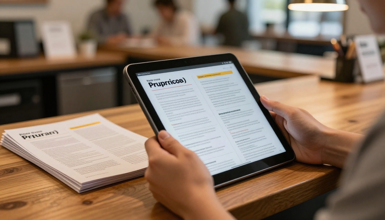 Hands holding a tablet with a digital brochure