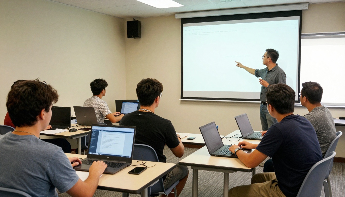 Group of drivers in a training room with laptops