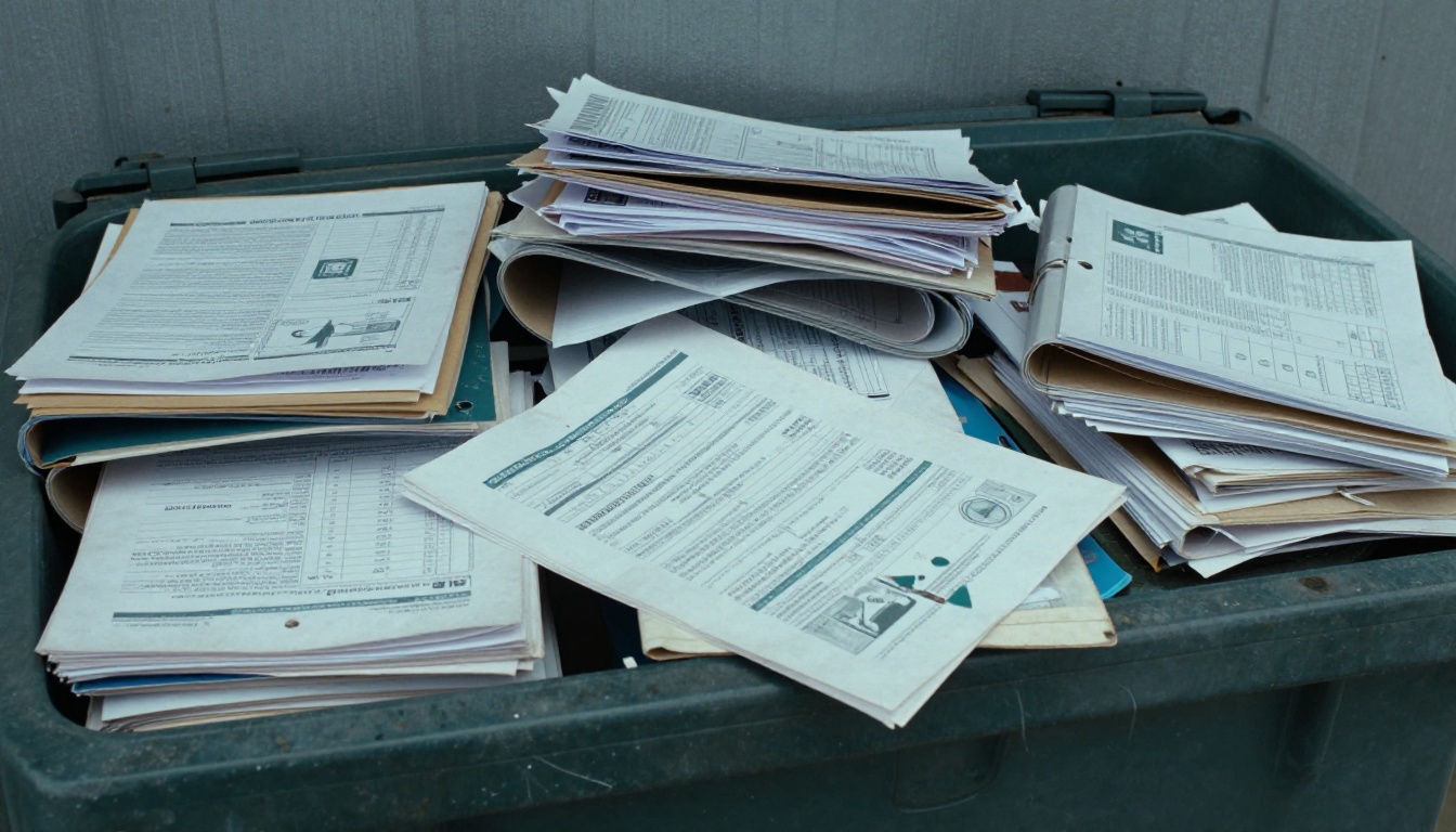 Overflowing recycling bin of outdated printed manuals