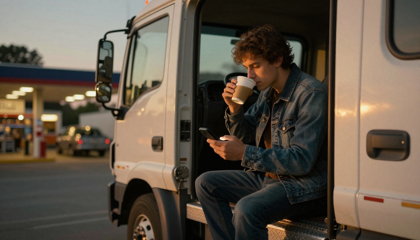 Driver on a truck step reading a phone at dusk
