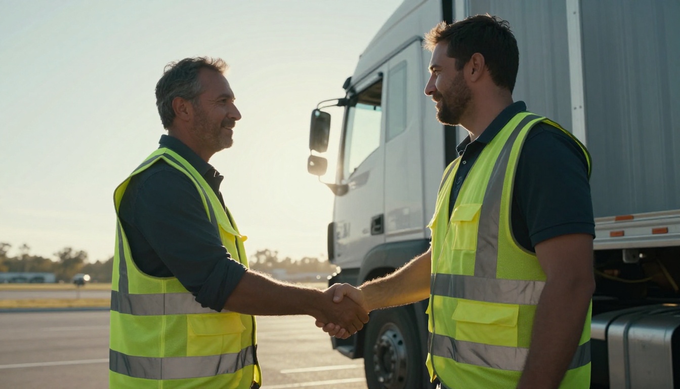 Fleet manager and driver shaking hands at a depot gate