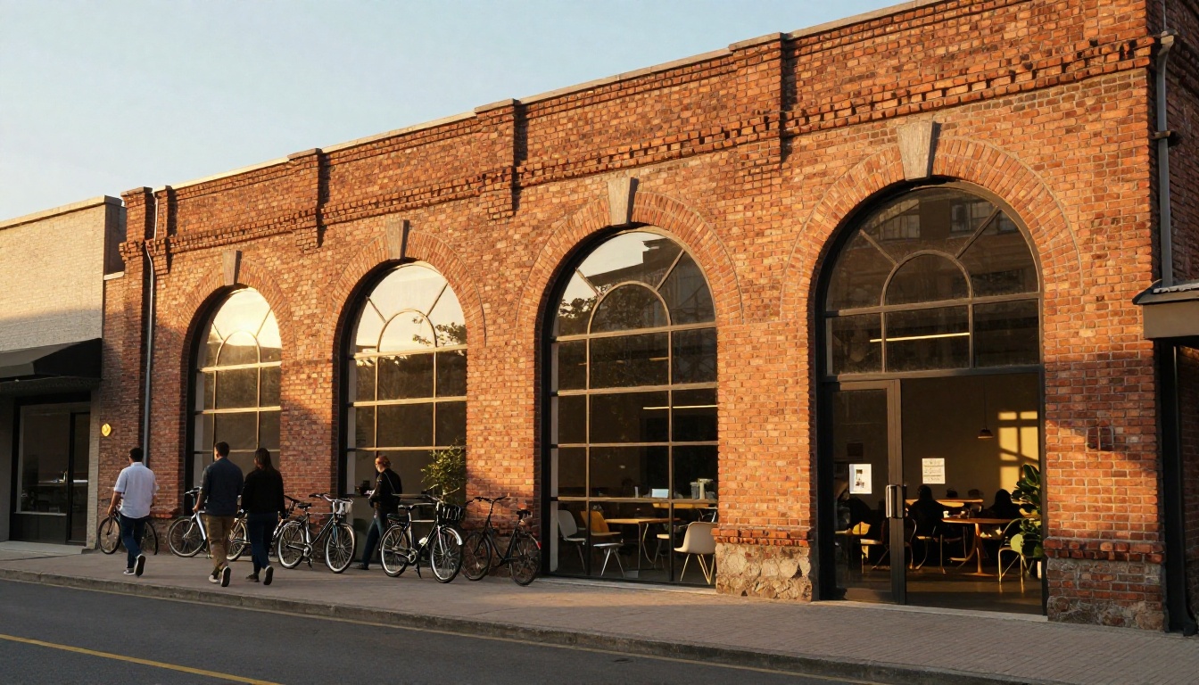 Exterior of a converted brick building with a coworking space