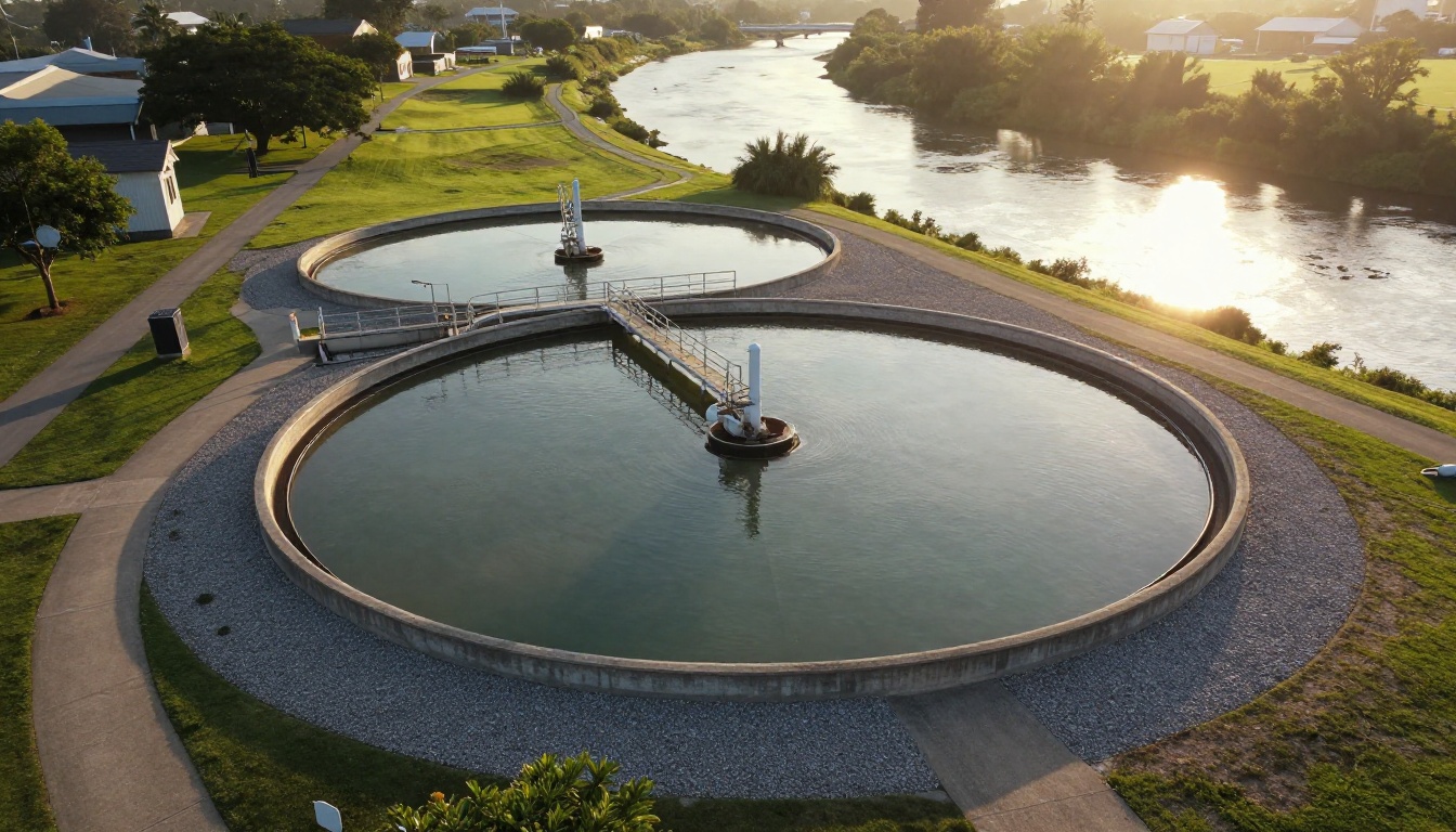Aerial view of a municipal water treatment plant beside a river Aerial view of a municipal water treatment plant beside a river