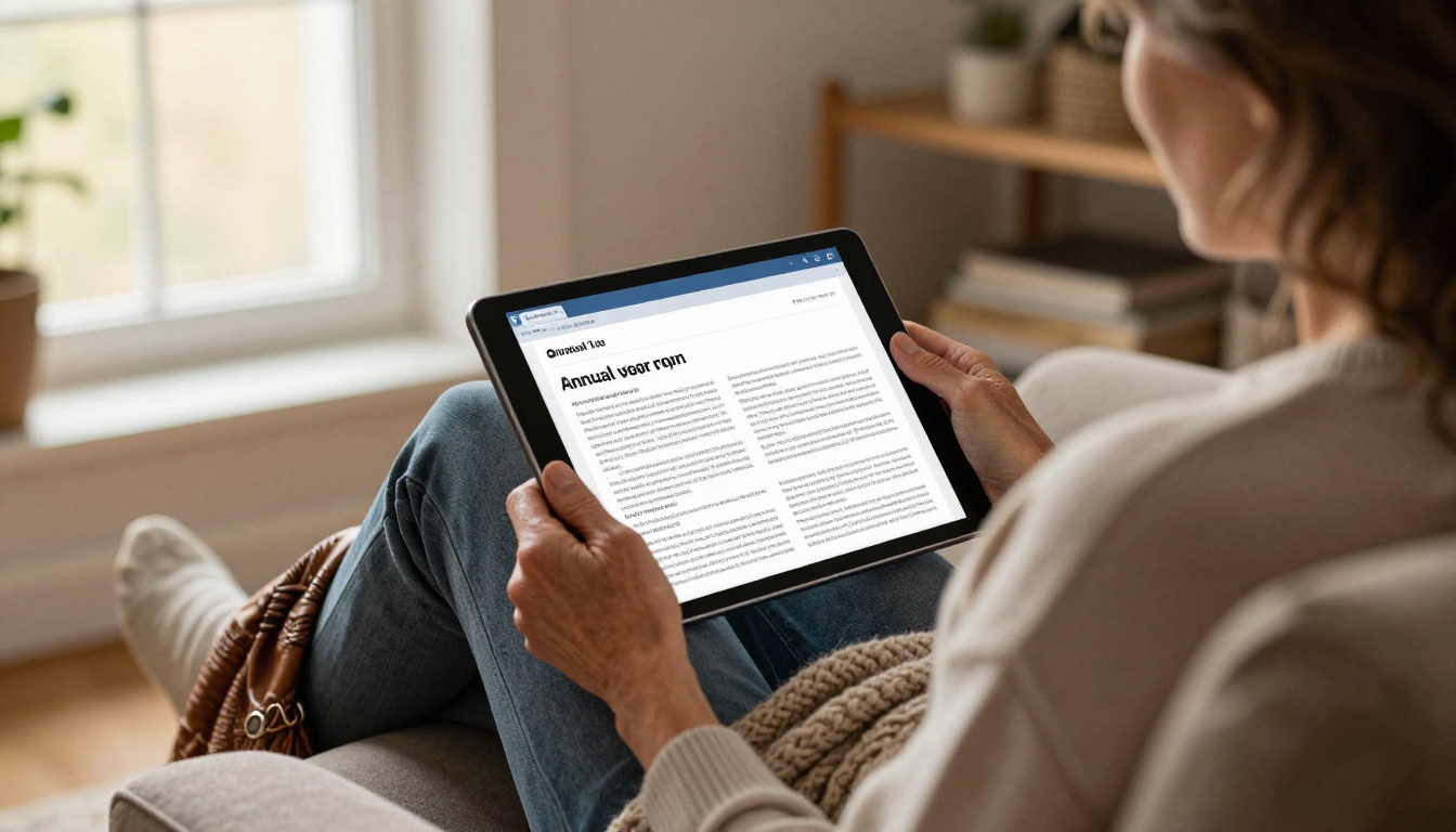 Older ratepayer reading a digital annual report on a tablet in her living room Older ratepayer reading a digital annual report on a tablet in her living room
