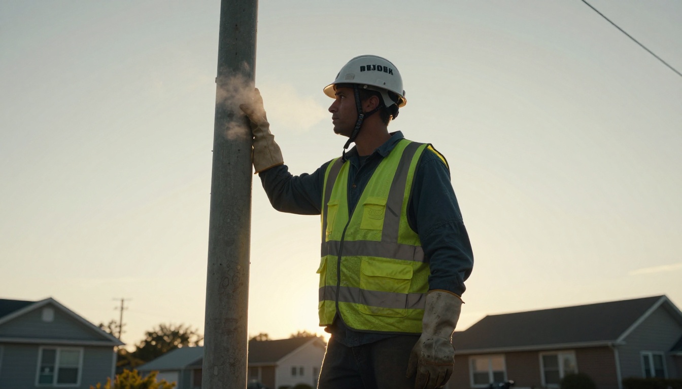 Lineworker beside a utility pole at dusk in a residential neighborhood Lineworker beside a utility pole at dusk in a residential neighborhood