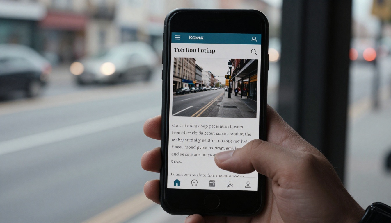 Hand holding a smartphone showing a mobile report page at a bus stop Hand holding a smartphone showing a mobile report page at a bus stop