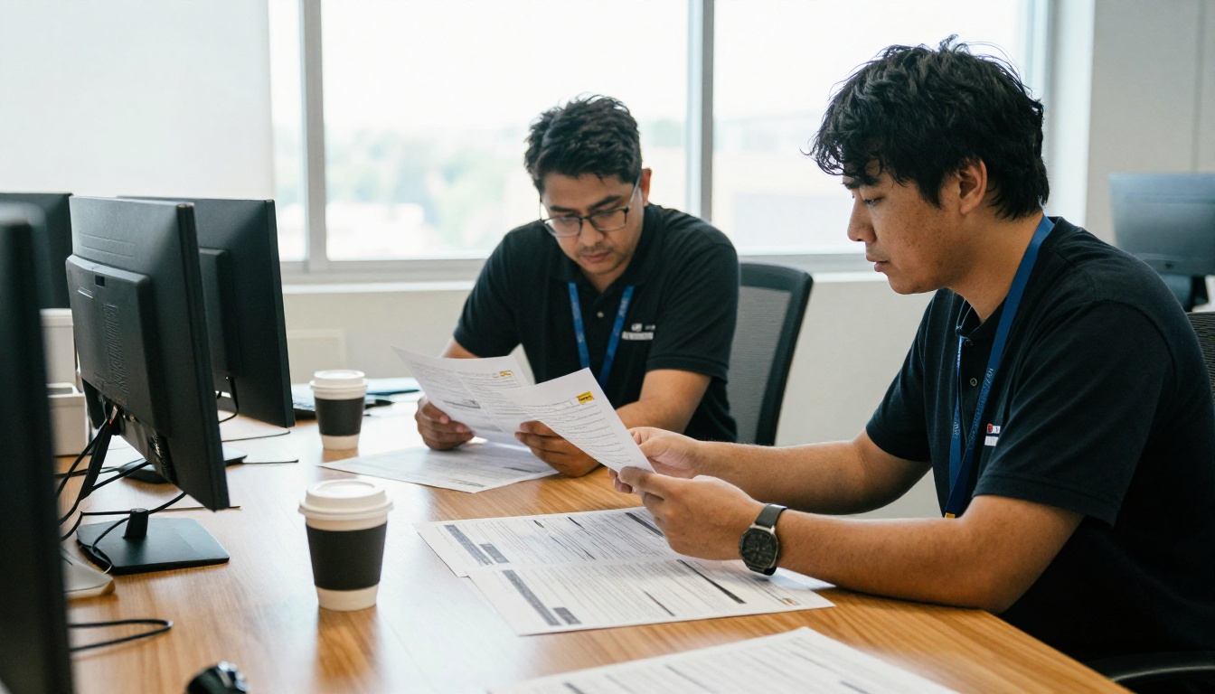 Utility staff reviewing annual report page proofs at a conference table Utility staff reviewing annual report page proofs at a conference table