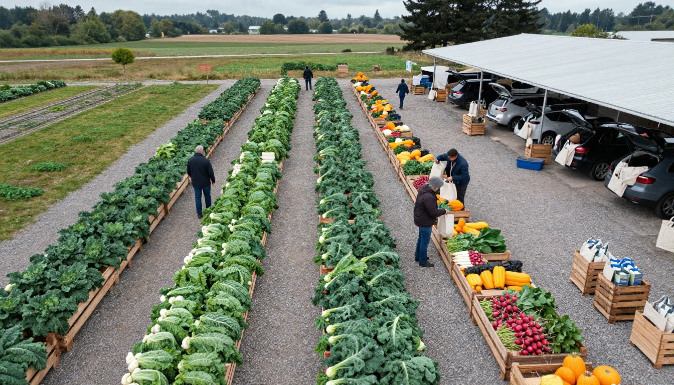 Aerial view of a CSA pickup day with crates lined up on gravel