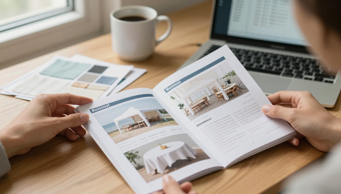 Printed rental catalog with laptop and fabric samples on a desk