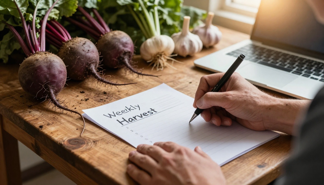 CSA farmer writing the weekly harvest list at the packing table
