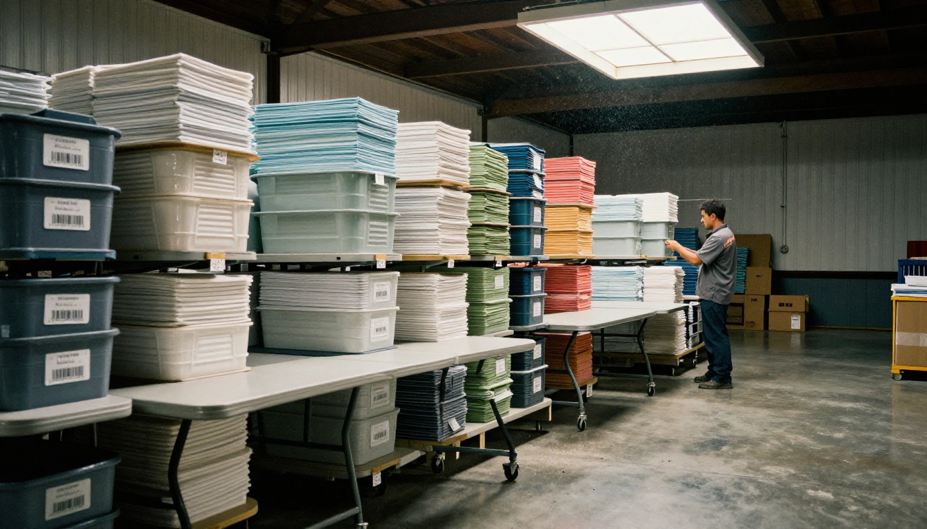 Warehouse racks of folding tables and labeled linen bins