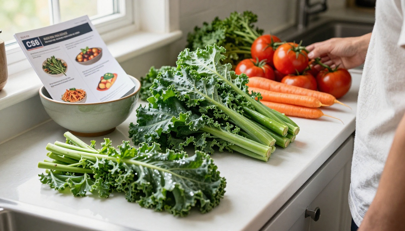 Unpacked CSA share box on a kitchen counter with a recipe booklet
