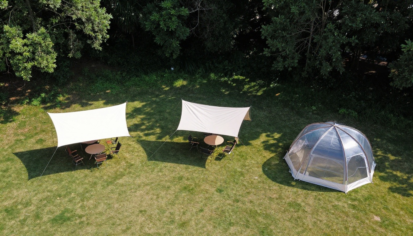 Aerial view of three different sized tents on a green lawn