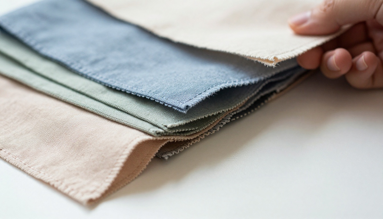 Folded tablecloth swatches in champagne, dusty blue, sage and blush