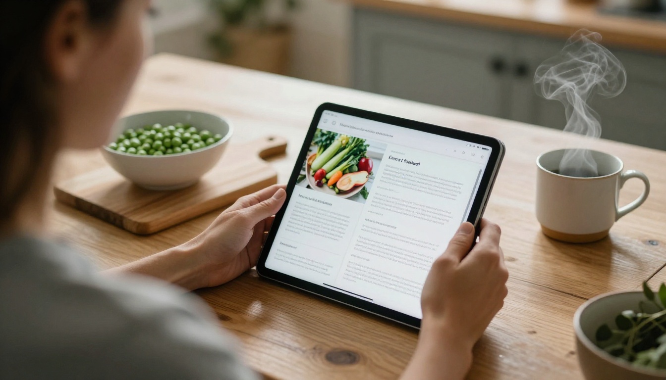 Member reading a farm newsletter on a tablet in a farmhouse kitchen
