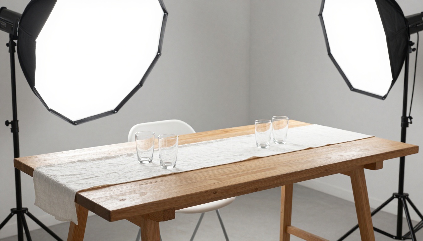 Photographer styling a farm table with linen runner and glassware in a studio