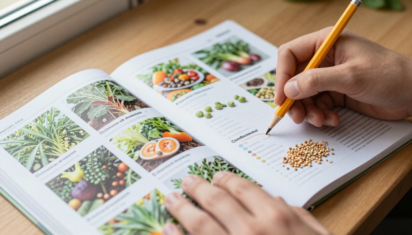 A printed seed catalog open on a potting bench with circled varieties A printed seed catalog open on a potting bench with circled varieties