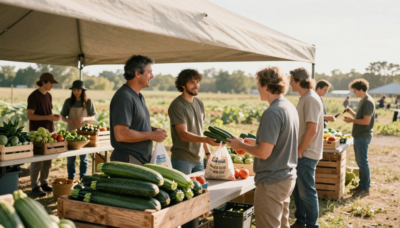 Wide view of members collecting boxes at a farm pickup stand