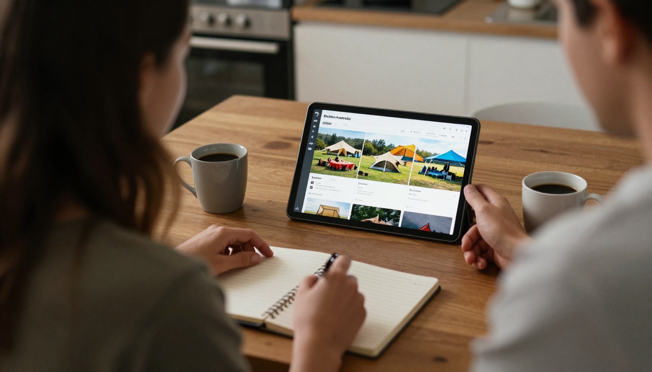Couple viewing a digital page-turning catalog on a tablet at a kitchen table