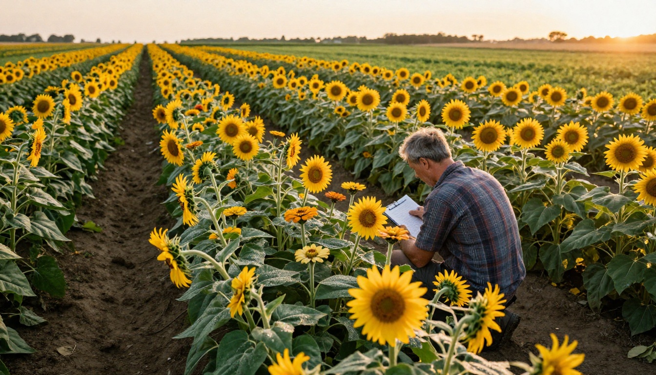 Rows of flowering zinnias and sunflowers at a seed trial farm at golden hour Rows of flowering zinnias and sunflowers at a seed trial farm at golden hour