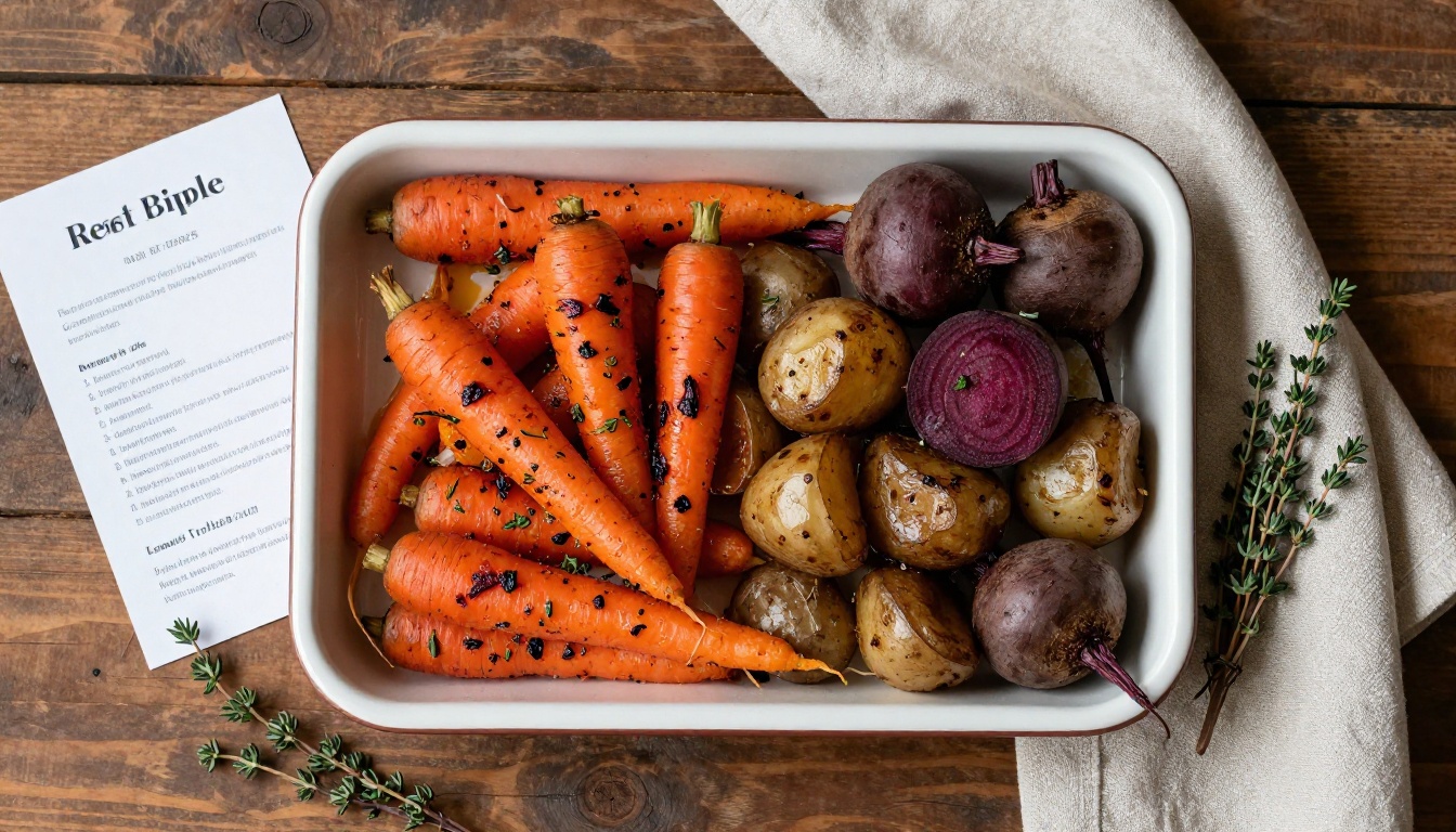 Printed recipe card and roasted vegetable tray on a wooden table