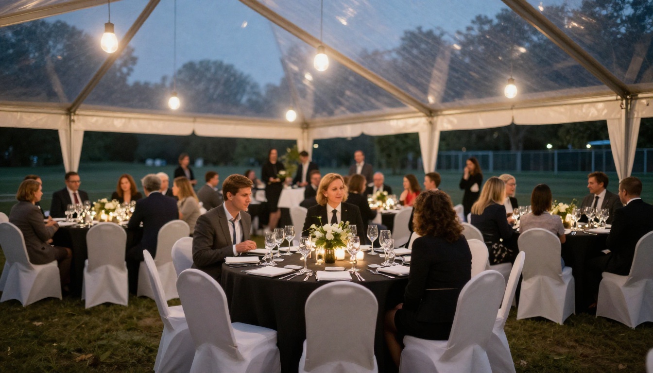 Corporate gala dinner under a clear-top tent at dusk with black linens