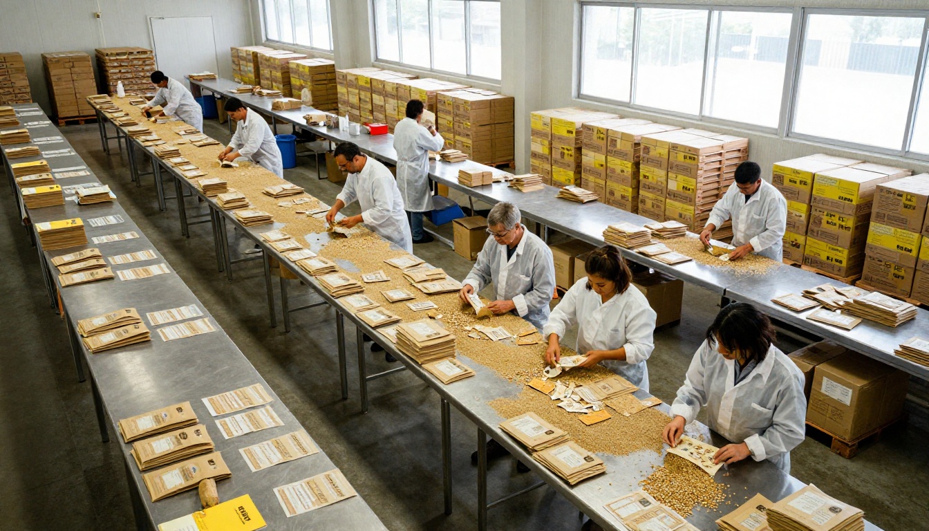 An aerial view of a seed packing facility with workers filling kraft seed packets An aerial view of a seed packing facility with workers filling kraft seed packets