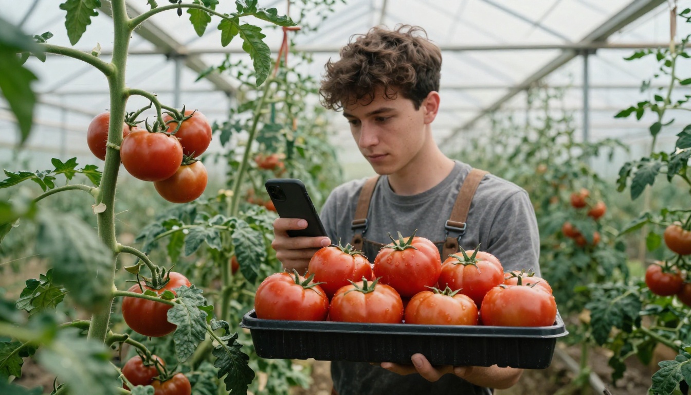 Farmer photographing ripe tomatoes in a greenhouse for the weekly update