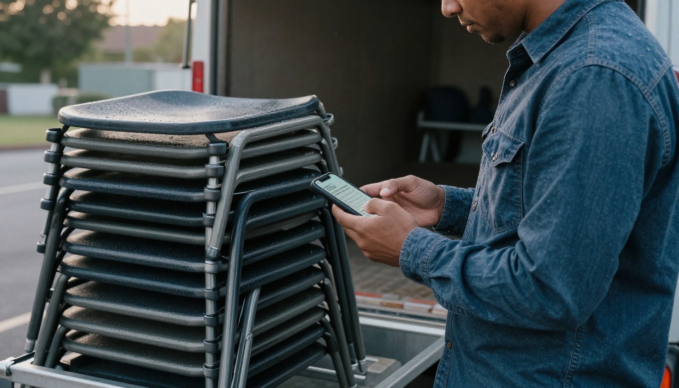 Rental company owner checking a quote on a phone beside a delivery truck