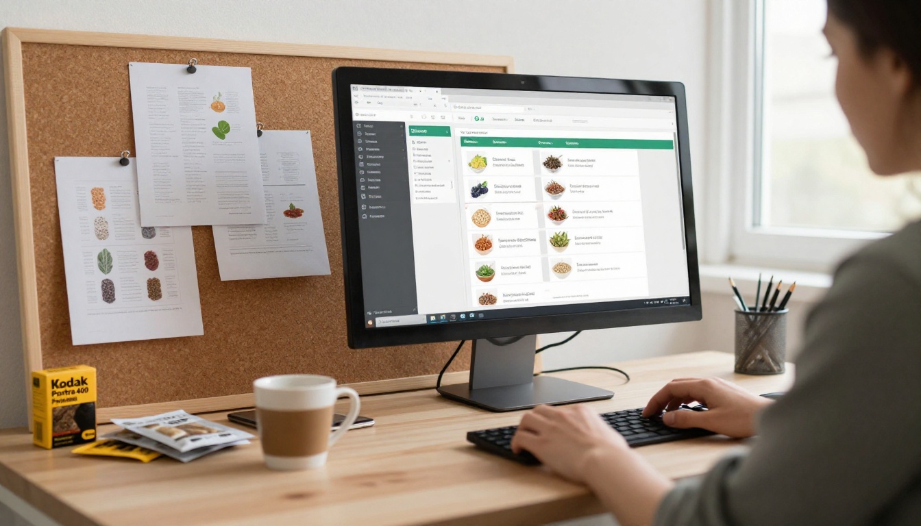A graphic designer laying out a seed catalog on a large monitor A graphic designer laying out a seed catalog on a large monitor
