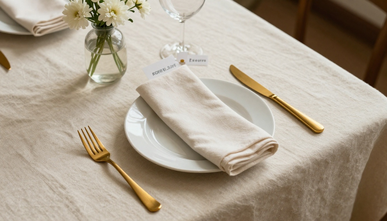 Overhead view of a table place setting on ivory linen with a price card