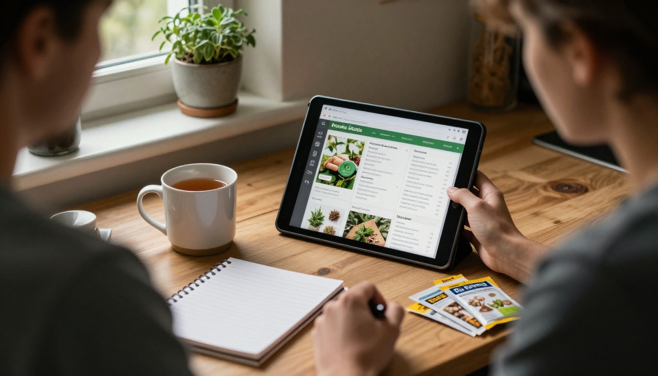 A gardener browsing a digital seed catalog on a tablet at a kitchen table A gardener browsing a digital seed catalog on a tablet at a kitchen table