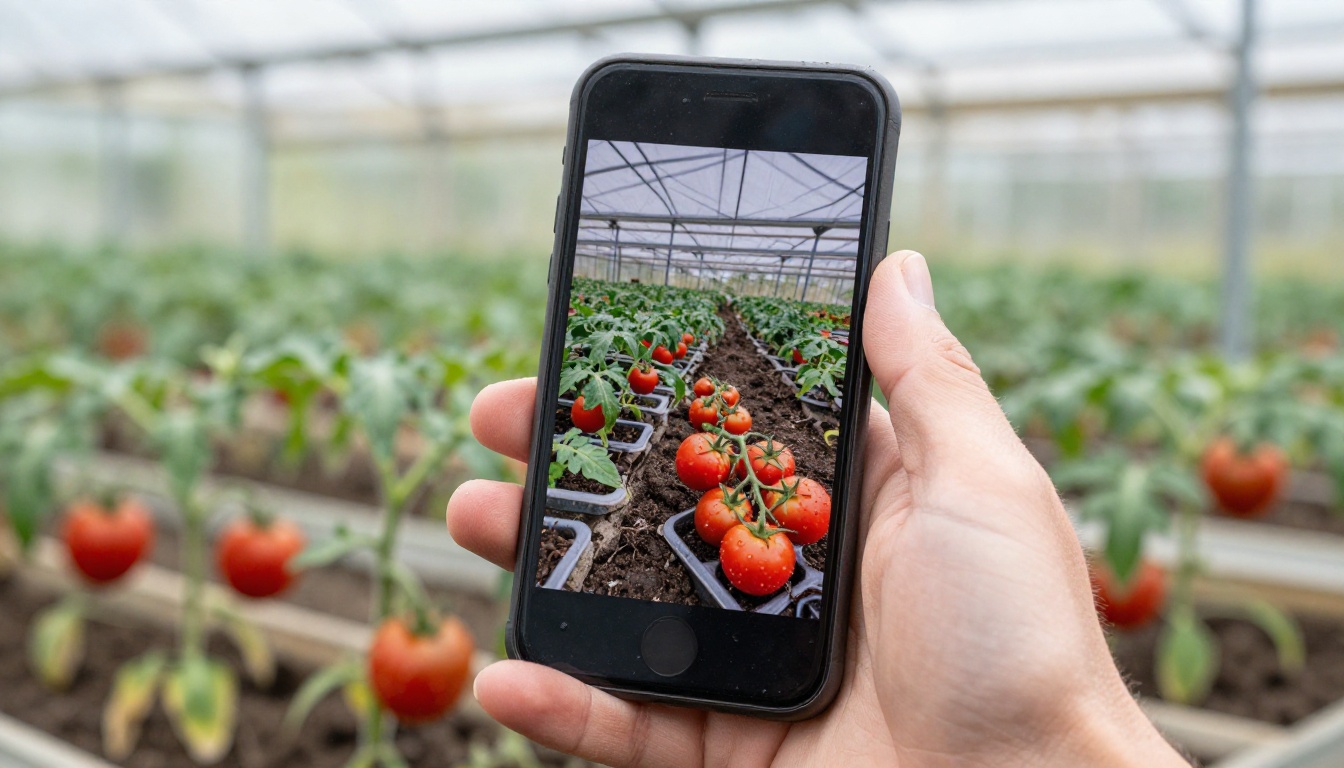 A hand holding a smartphone in a greenhouse showing a colorful seed catalog page A hand holding a smartphone in a greenhouse showing a colorful seed catalog page