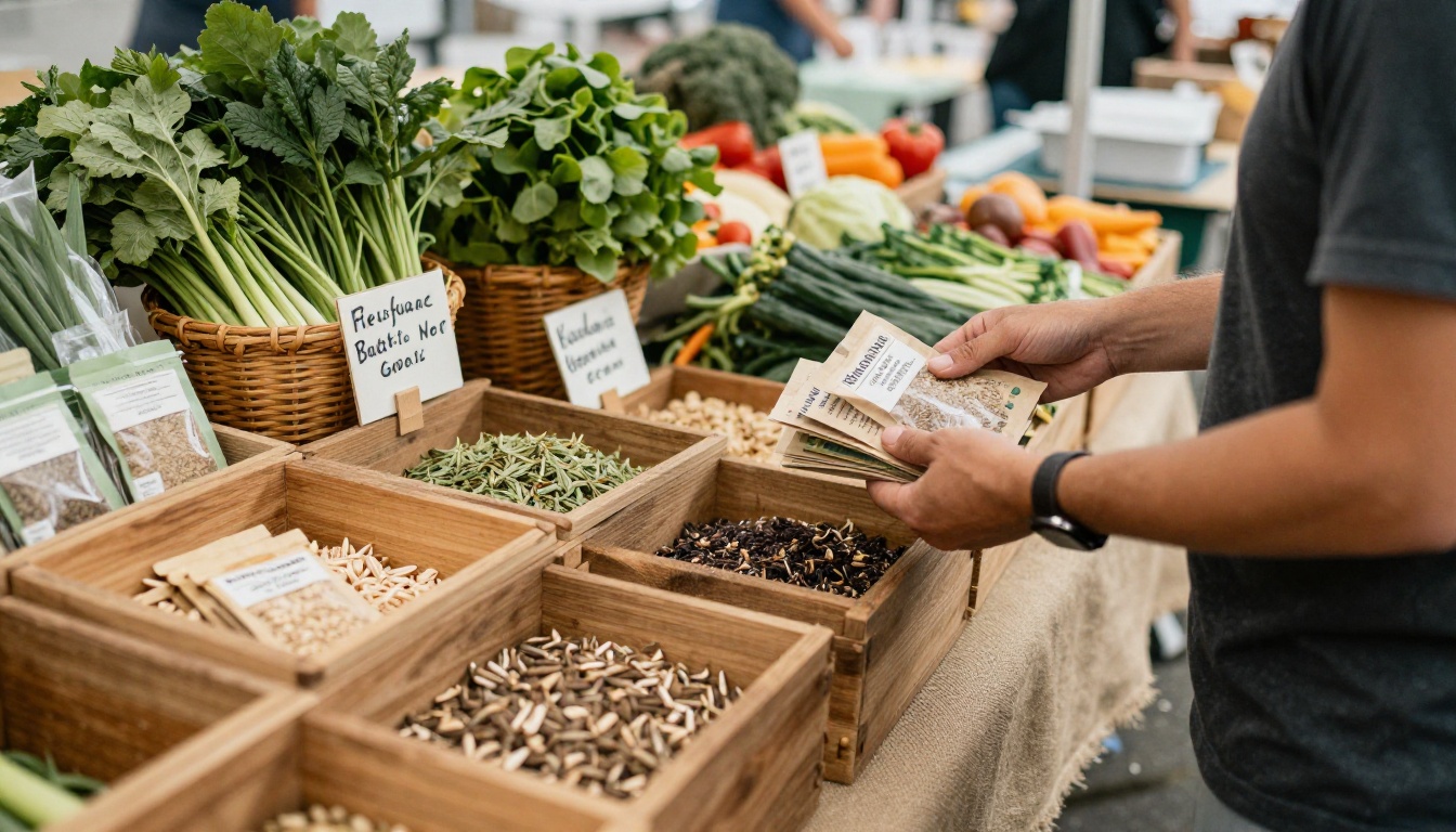 A vendor at a farmers market seed stall handing a packet to a customer A vendor at a farmers market seed stall handing a packet to a customer