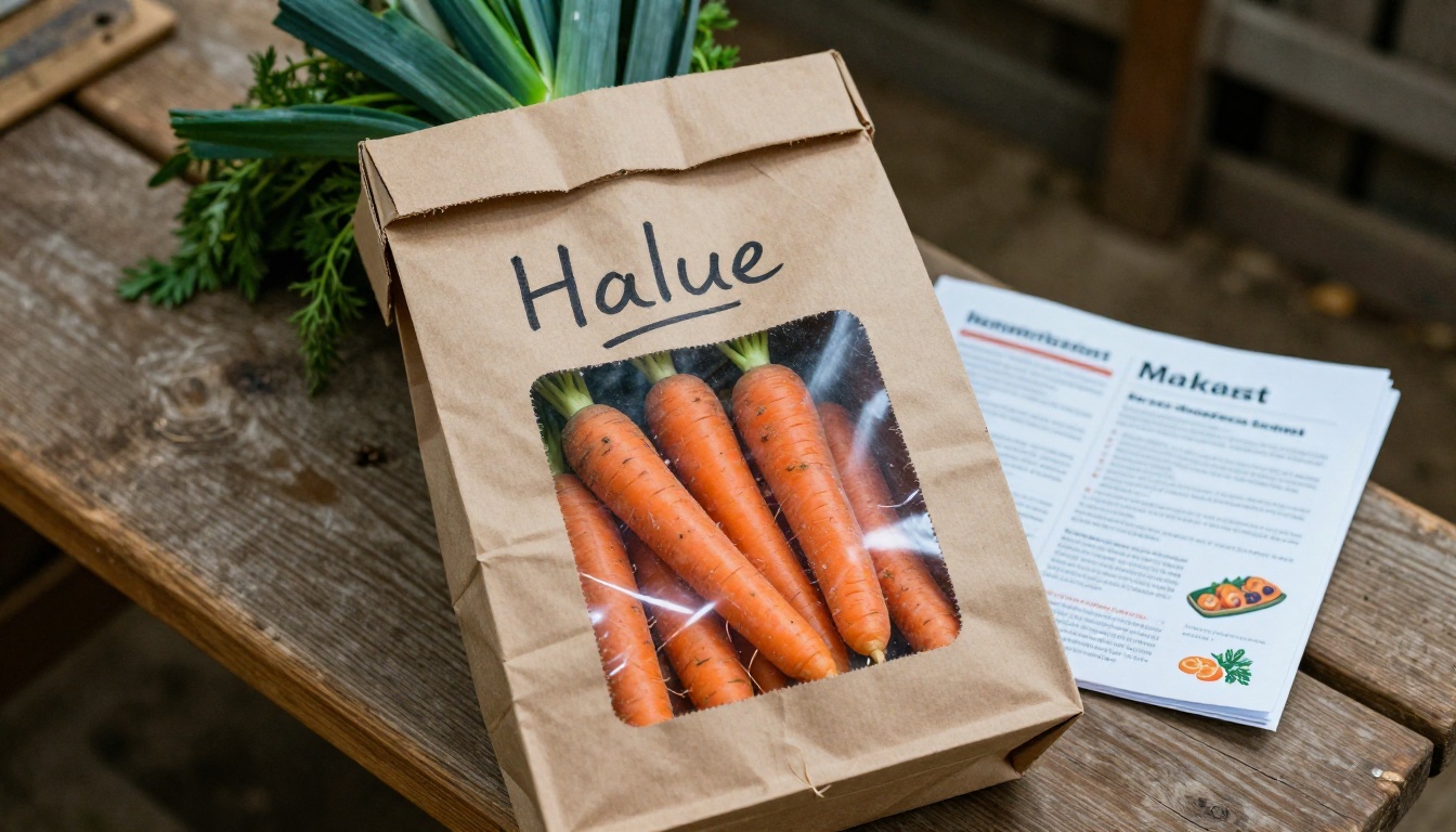 Kraft pickup bag with a printed harvest sheet tucked inside