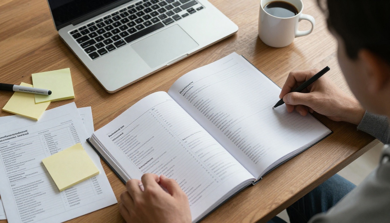 Printed supplier catalogs spread across a desk with a laptop and notes