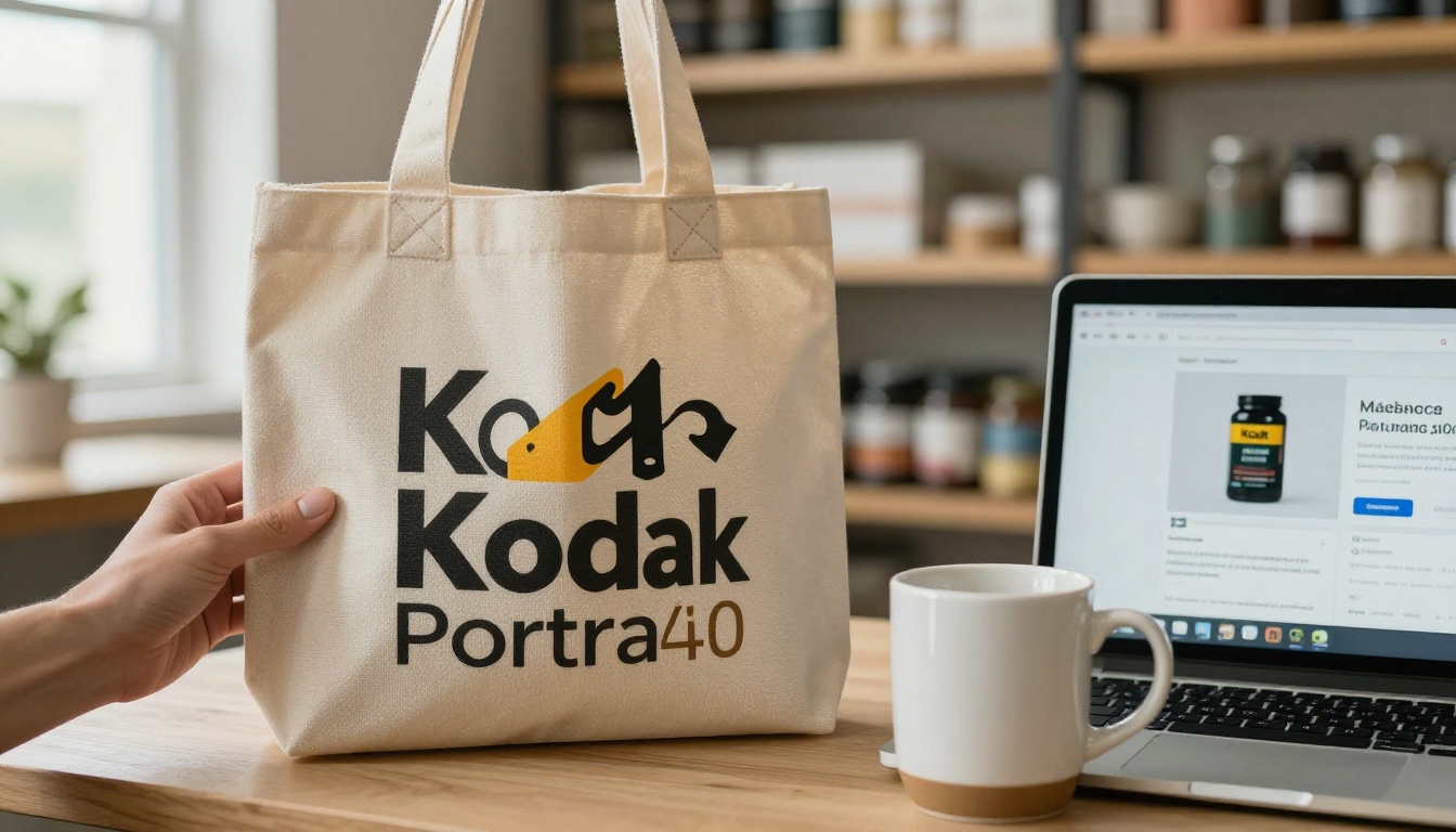 Sales rep holding a branded tote bag and ceramic mug beside a laptop showing a product page